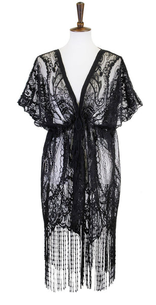 Black or White Crochet Lace Fringe Bottom Kimono Cover Up