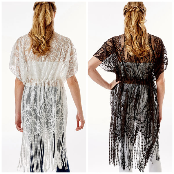 Black or White Crochet Lace Fringe Bottom Kimono Cover Up