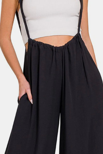 Black Woven Tie Back Overall Jumpsuit