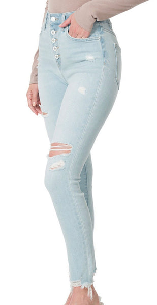 Zenana “New York“ Super Light Wash Distressed Button Fly Ankle Skinny Jeans