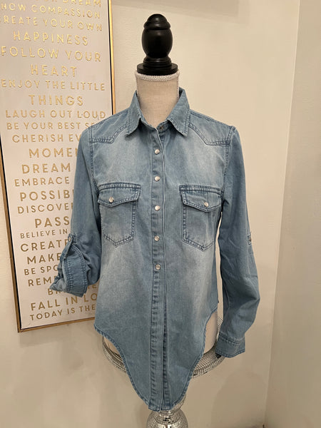 Denim Tie Front Rolled Sleeve Shirt Top