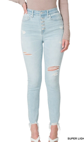 Zenana “New York“ Super Light Wash Distressed Button Fly Ankle Skinny Jeans