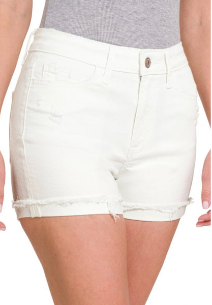 Zenana White Cuffed Raw Hem Shorts