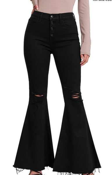 Zenana Black Distressed Button Fly High Rise Super Flare Jeans