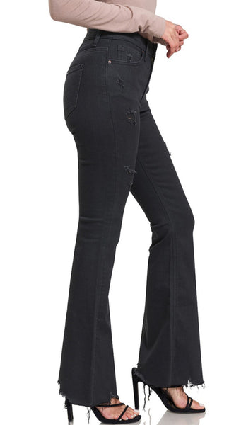 Zenana Black Distressed High Rise Flare Jeans