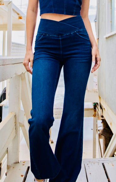 Dark Denim V Waist Crossover Flare Jeans