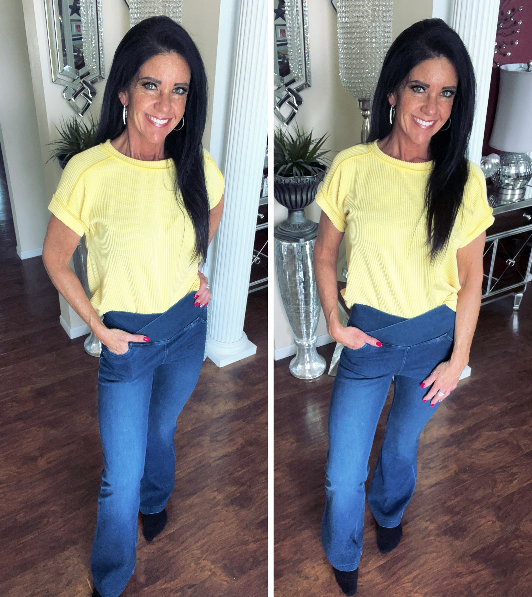 Dark Denim V Waist Crossover Flare Jeans