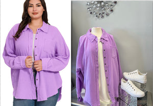 Curvy Oversized Lavender Raw Edge Button Down Shirt