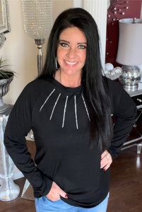 Black Long Sleeve Top with Rhinestone Accents