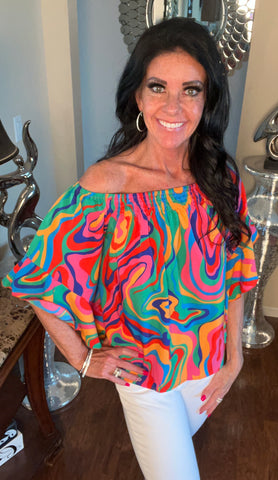 Multicolor Off The Shoulder Ruffle Sleeve Blouse Top