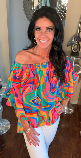 Multicolor Off The Shoulder Ruffle Sleeve Blouse Top