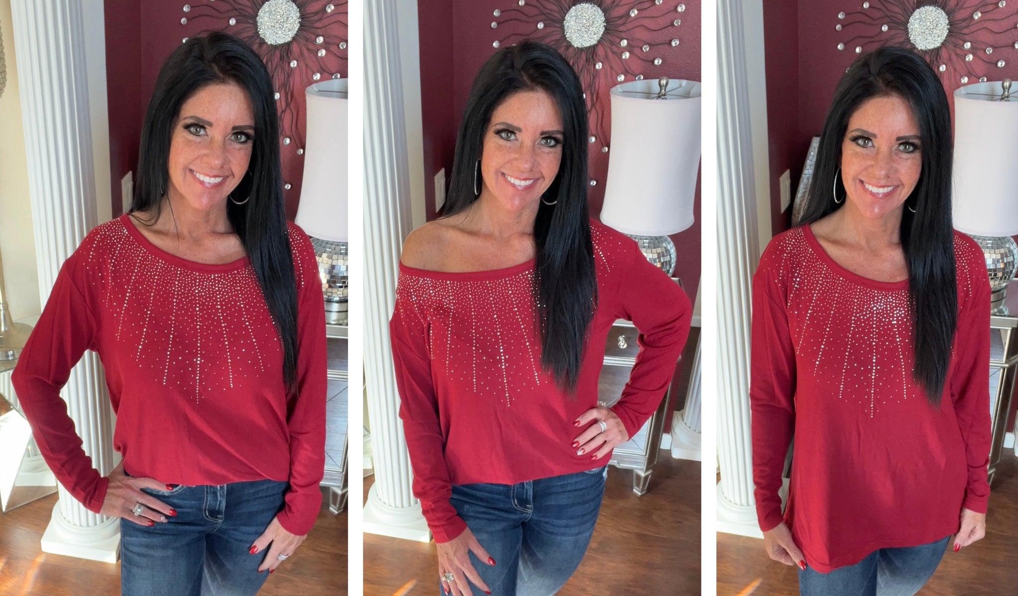 Red Long Sleeve Top with Rhinestone Embellishments