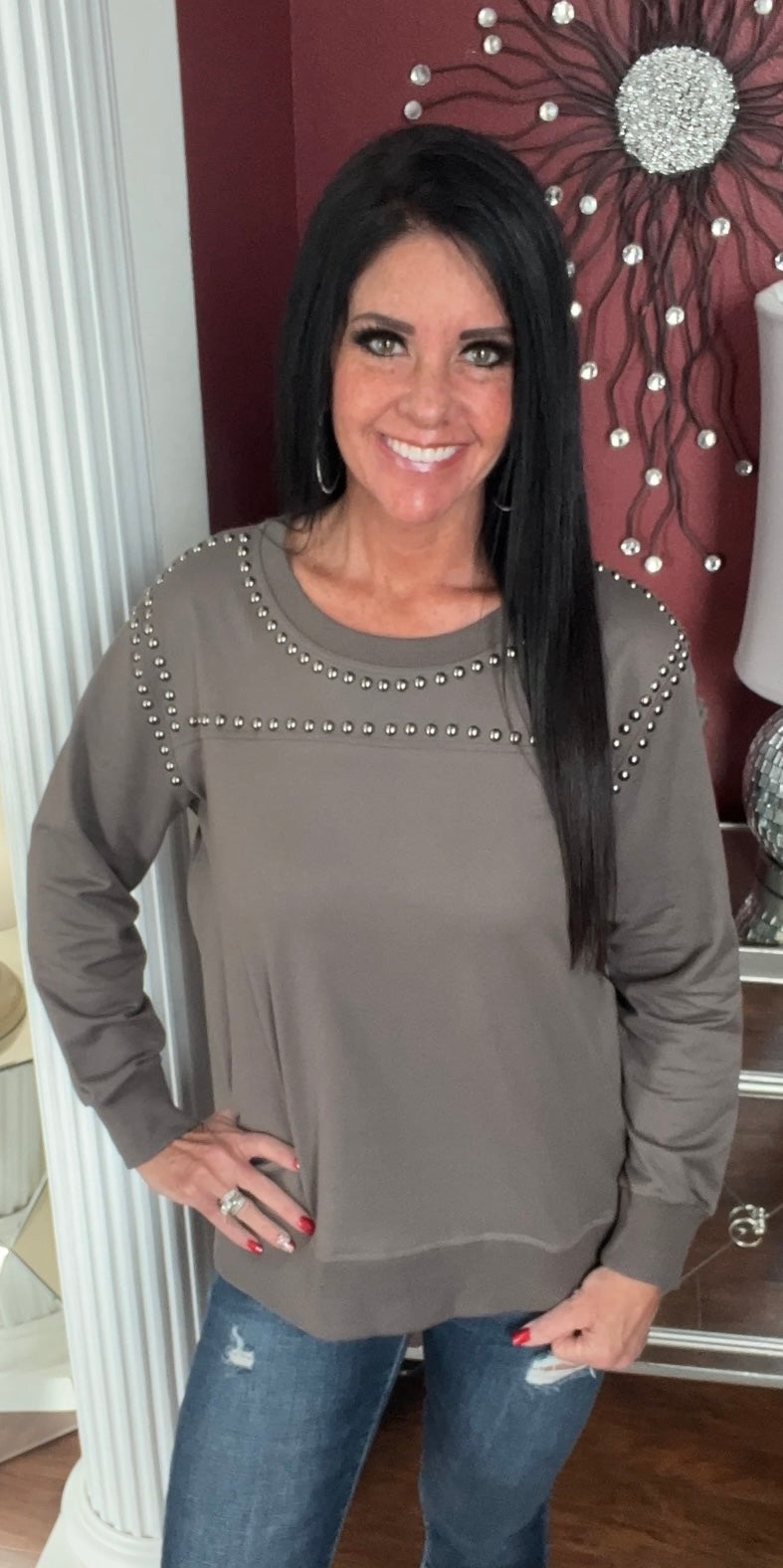 Grey Sweatshirt Top with Studded Embellishments