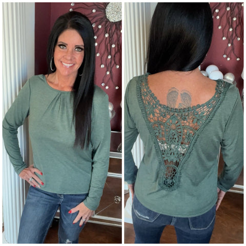 Heather Green Top with Crochet Back Accents