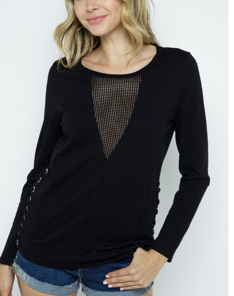 Black Long Sleeve Top with Side Laces