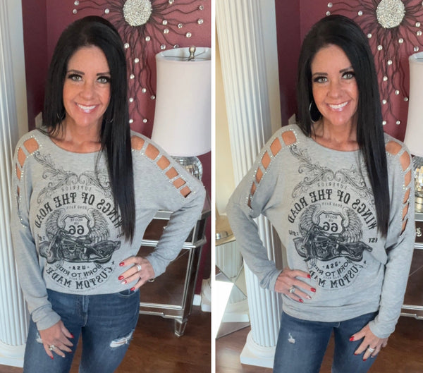 Heather Grey Motorcycle Top with Rhinestone Embellished Laser Cut Sleeves