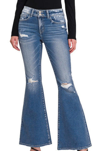 Zenana “Shea” Distressed High Rise Flare Jeans