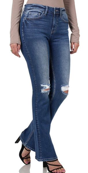 Zenana “Tru” Distressed High Rise Flare Jeans