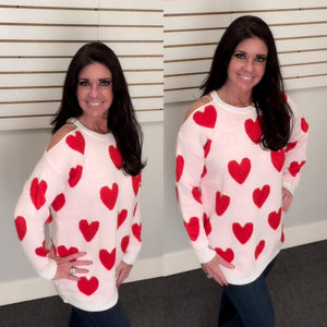 Heart Accent Sweater with One Cold Shoulder