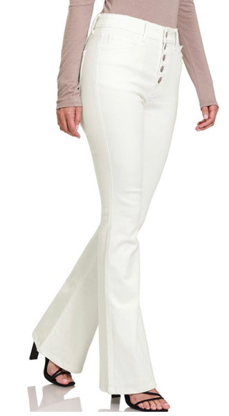Zenana White High Rise Button Flare Jeans