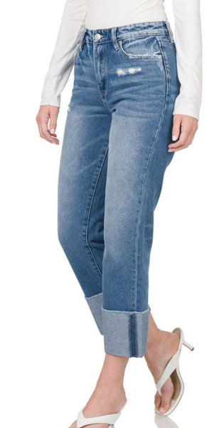 Zenana “Riggi” High Rise Raw Edge Cuffed Jeans