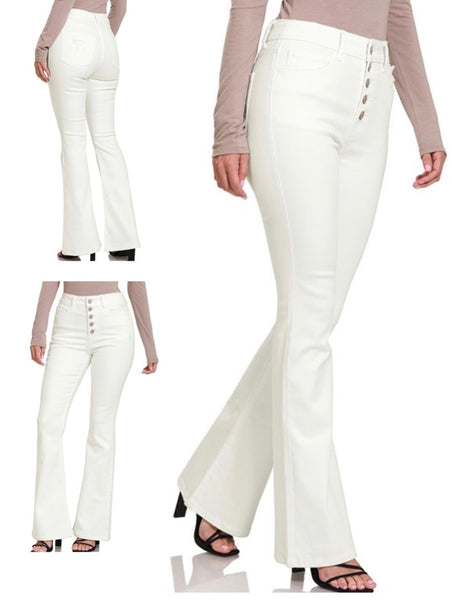 Zenana White High Rise Button Flare Jeans