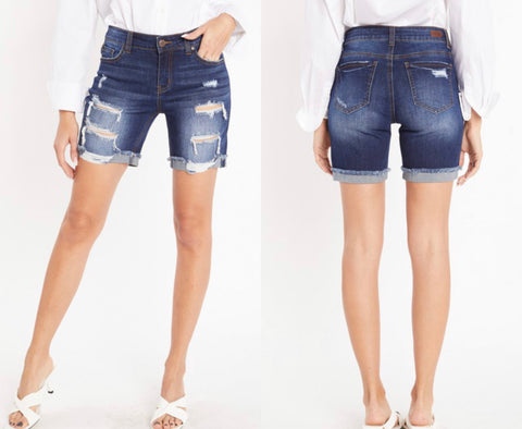 Enjean Dark Wash Mid Rise Destroyed Bermuda Shorts