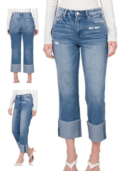 Zenana “Riggi” High Rise Raw Edge Cuffed Jeans