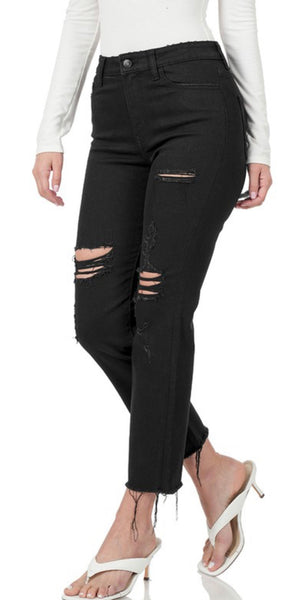 Zenana “Wallie” Black Distressed Straight Jeans